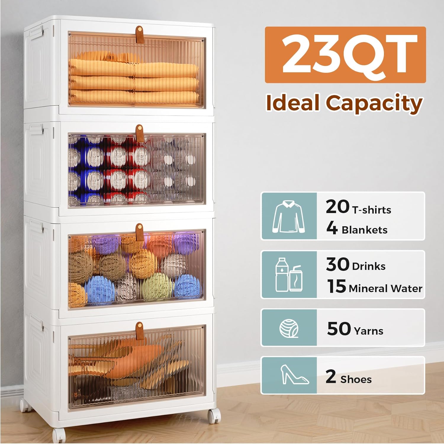 4 Tier Stackable Plastic Storage Bins with Lid and Wheels - 23 QT Closet Organizers and Storage, Foldable Storage Containers, Organization and Storage Boxes for Craft, Home, Pantry, Office, Dorm - Image 4