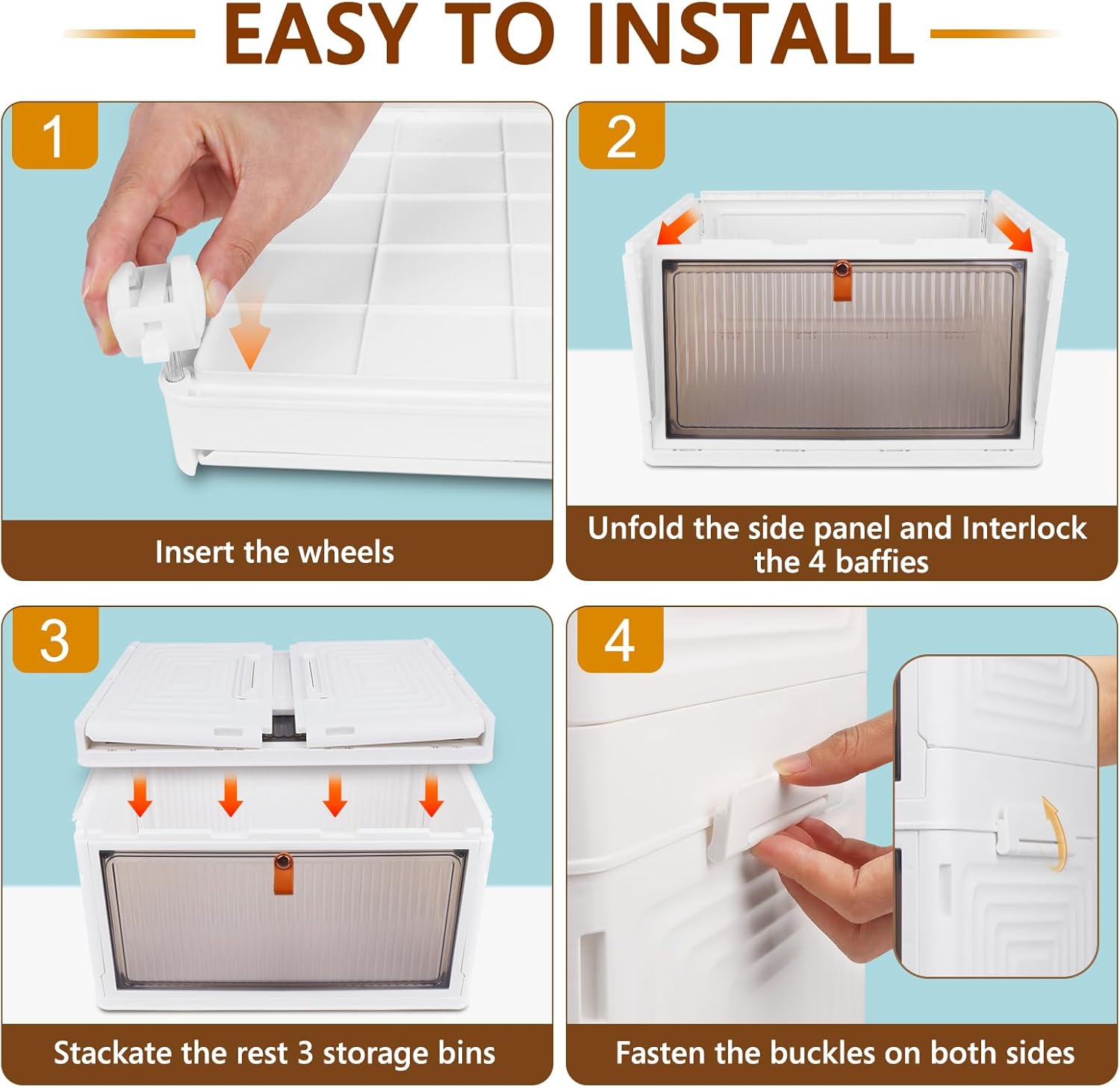 4 Tier Stackable Plastic Storage Bins with Lid and Wheels - 23 QT Closet Organizers and Storage, Foldable Storage Containers, Organization and Storage Boxes for Craft, Home, Pantry, Office, Dorm - Image 7