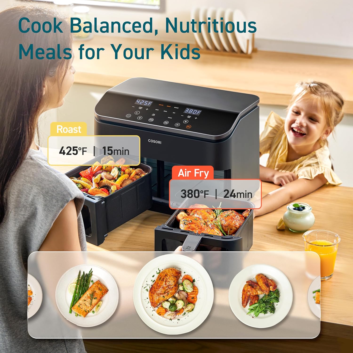 COSORI 9Qt 10-in-1 Dual Air Fryer, Fresh Balanced Meals for Family and Children with Double Baskets, Sync Cook & Finish to Bake, Roast, Reheat, Broil & 130 Recipes for Easy Cooking, Dishwasher Safe - Image 2
