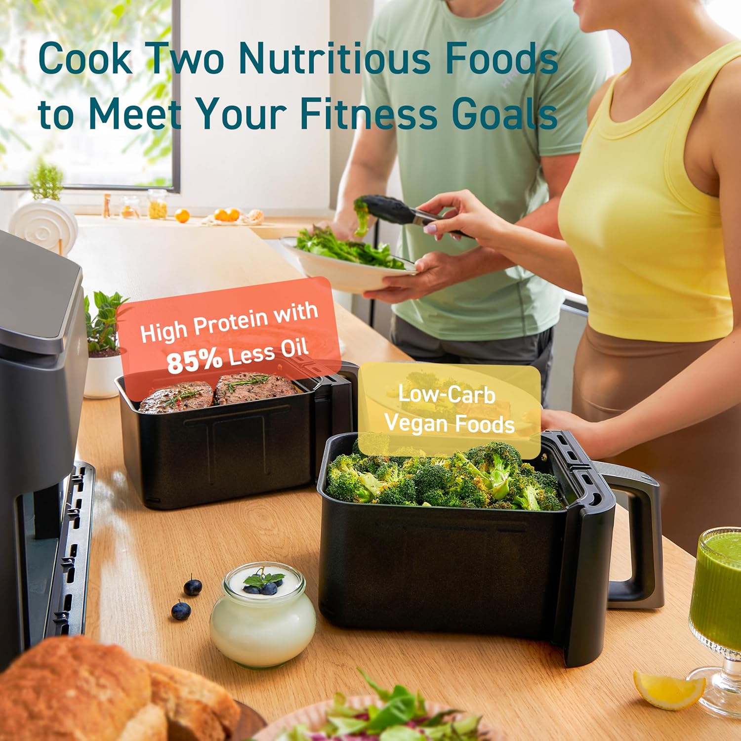 COSORI 9Qt 10-in-1 Dual Air Fryer, Fresh Balanced Meals for Family and Children with Double Baskets, Sync Cook & Finish to Bake, Roast, Reheat, Broil & 130 Recipes for Easy Cooking, Dishwasher Safe - Image 3