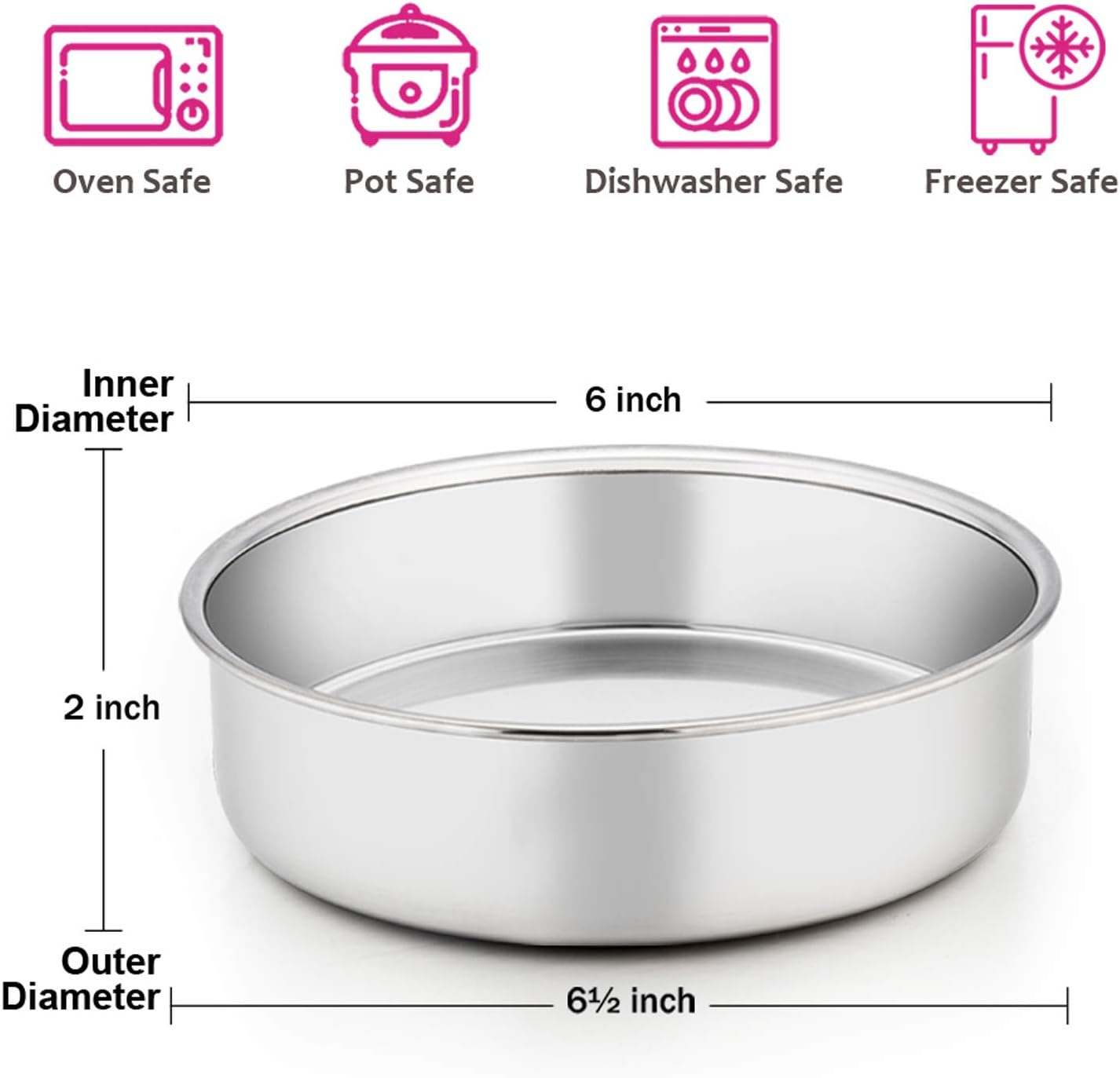 E-far 6 Inch Cake Pan Set of 3, Stainless Steel Round Smash Cake Baking Pans Tins, Non-Toxic & Healthy, Mirror Finish & Dishwasher Safe - Image 2