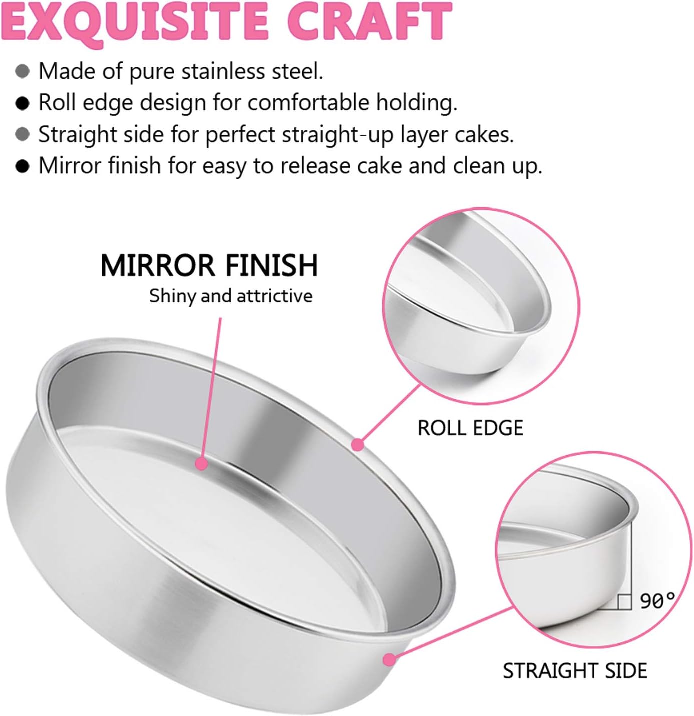 E-far 6 Inch Cake Pan Set of 3, Stainless Steel Round Smash Cake Baking Pans Tins, Non-Toxic & Healthy, Mirror Finish & Dishwasher Safe - Image 3
