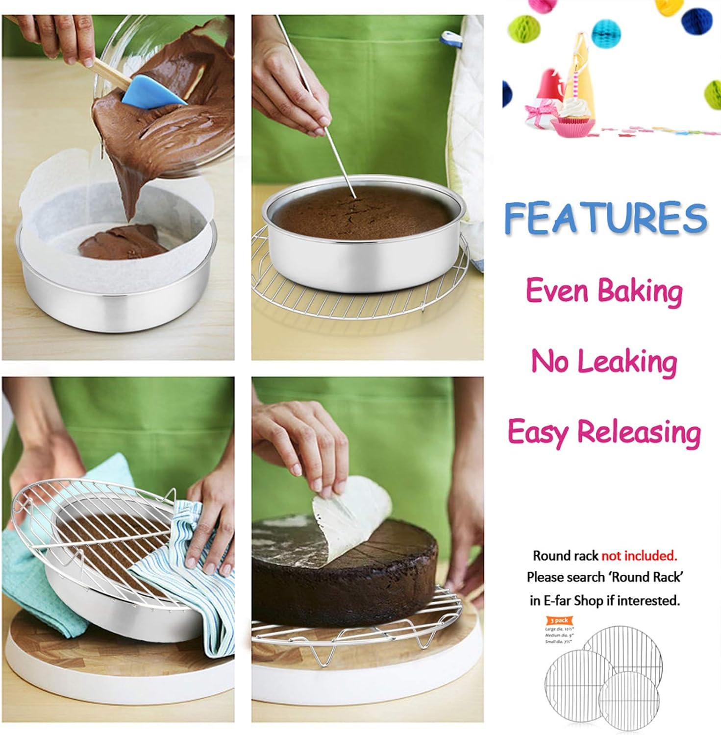E-far 6 Inch Cake Pan Set of 3, Stainless Steel Round Smash Cake Baking Pans Tins, Non-Toxic & Healthy, Mirror Finish & Dishwasher Safe - Image 5