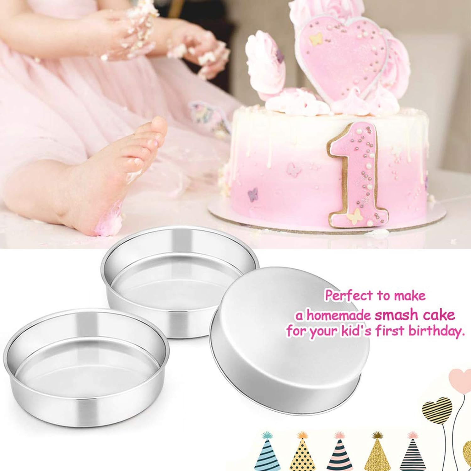 E-far 6 Inch Cake Pan Set of 3, Stainless Steel Round Smash Cake Baking Pans Tins, Non-Toxic & Healthy, Mirror Finish & Dishwasher Safe - Image 6