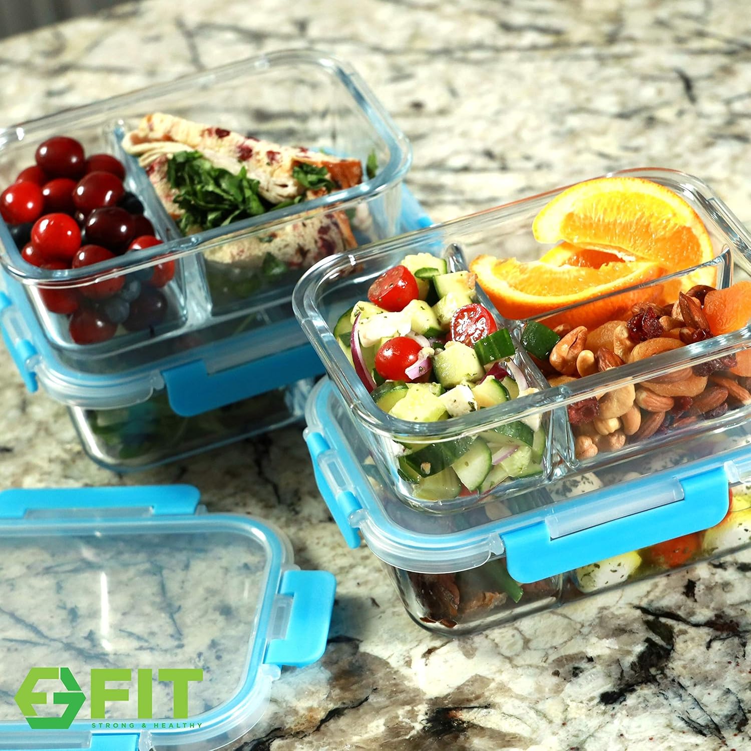 Glass Meal Prep Containers, 2 & 3 Compartments - Portion Control, Lunch Container Set, Food Storage, Airtight Lids, Oven & Freezer Safe, Leak-Proof Bento Box, 32 oz, Blue, 4 Pack - Image 6