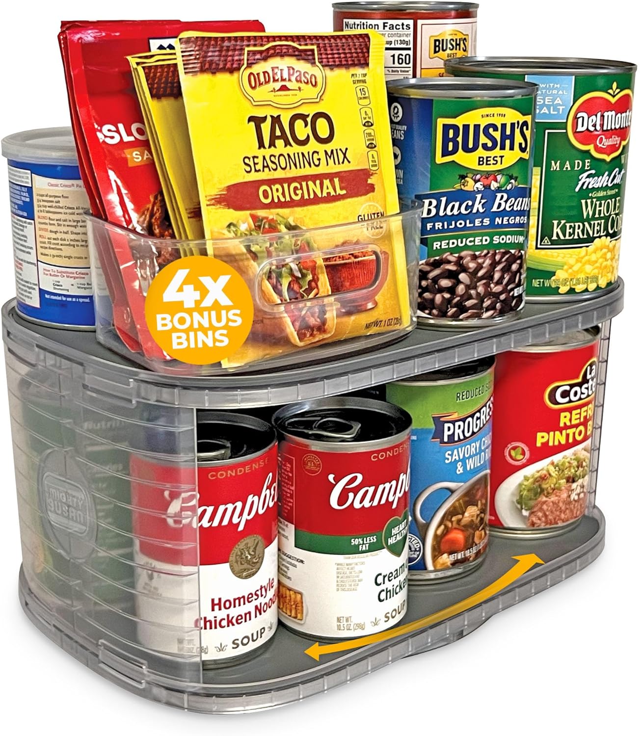 Kitchen Organizer for Canned Goods: 2-Tiered Robust Turntable Organizer for Cabinet/Pantry. Steel Reinforced Holds Up To 30 lbs. Rotates 360° for Maximum Visibility. Includes 4 Bonus Bins