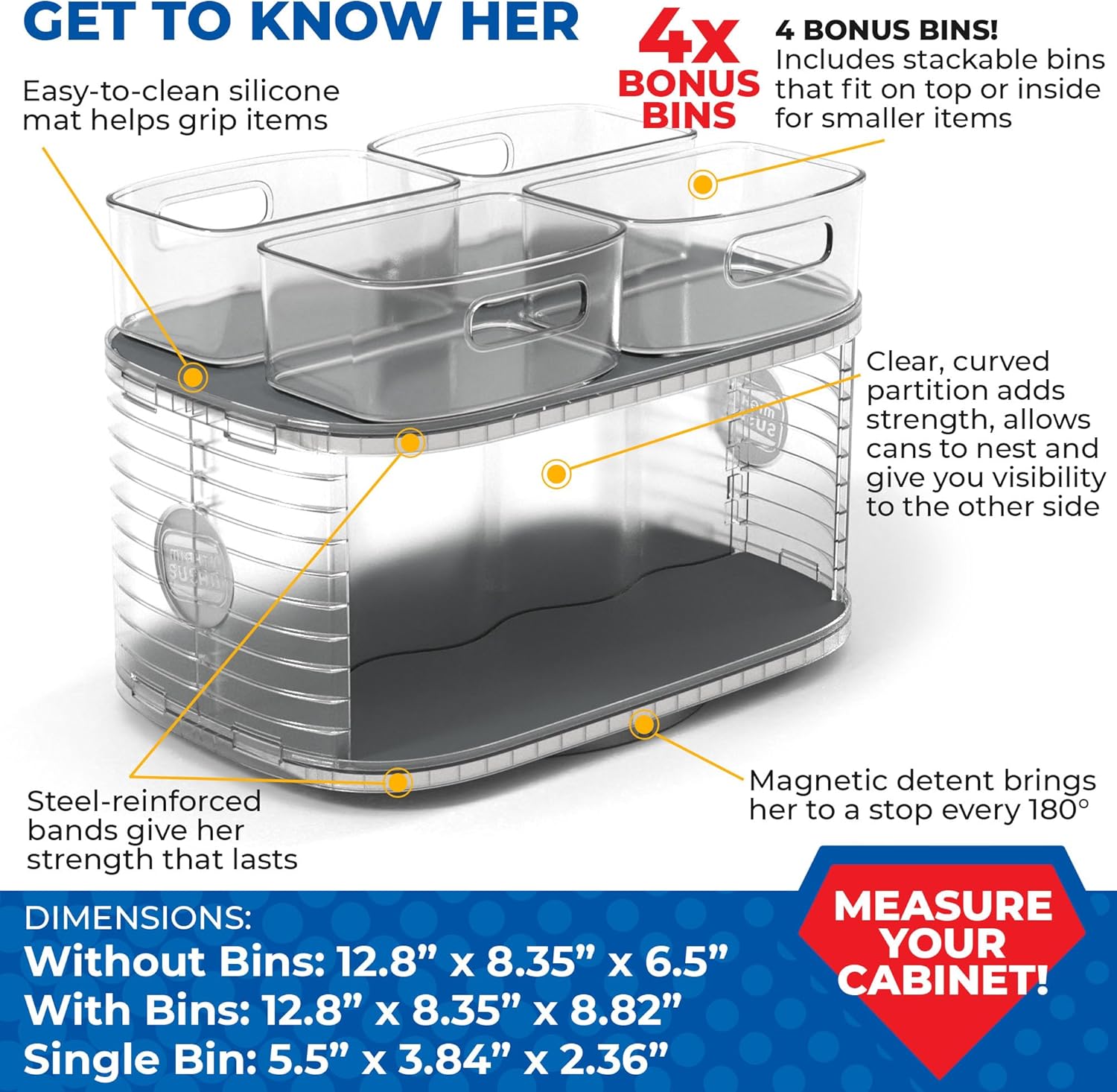 Kitchen Organizer for Canned Goods: 2-Tiered Robust Turntable Organizer for Cabinet/Pantry. Steel Reinforced Holds Up To 30 lbs. Rotates 360° for Maximum Visibility. Includes 4 Bonus Bins - Image 3