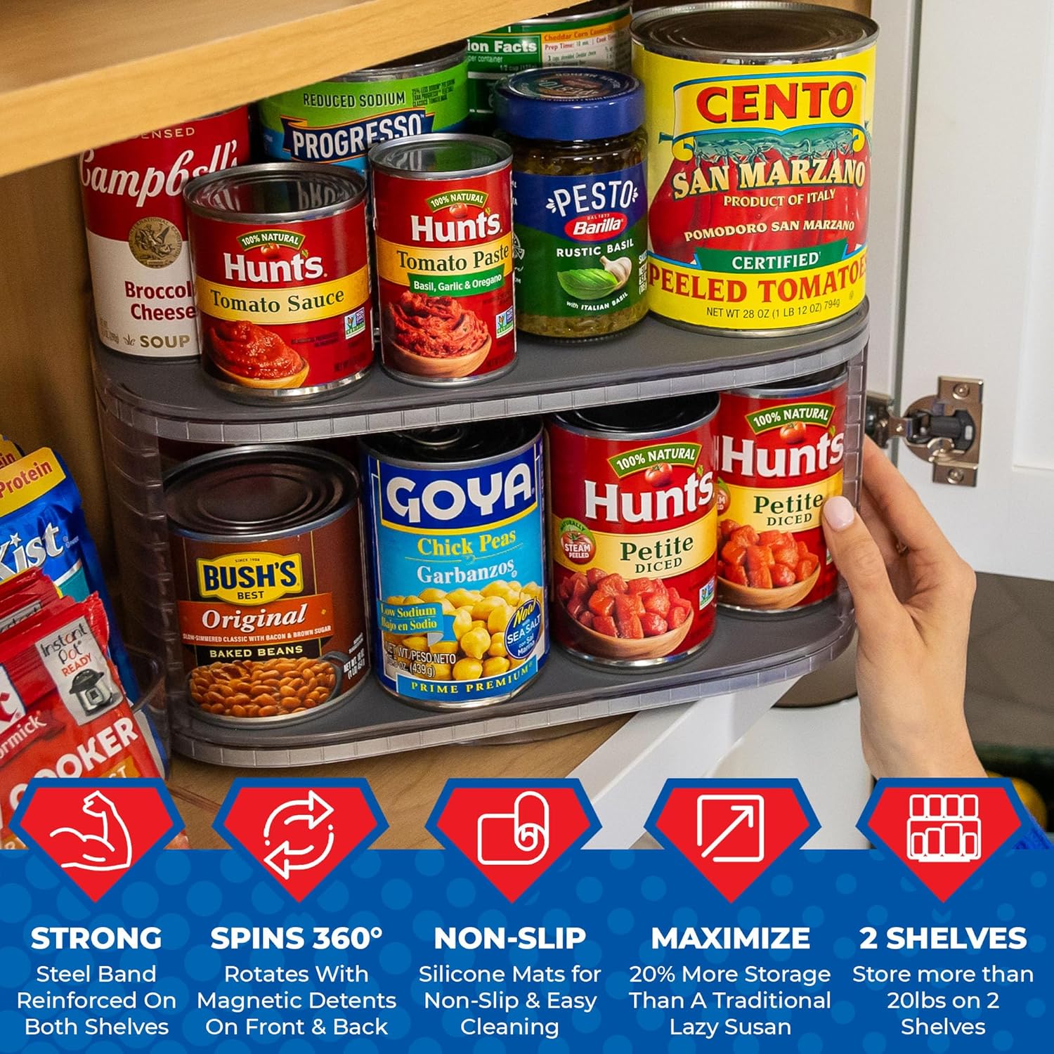 Kitchen Organizer for Canned Goods: 2-Tiered Robust Turntable Organizer for Cabinet/Pantry. Steel Reinforced Holds Up To 30 lbs. Rotates 360° for Maximum Visibility. Includes 4 Bonus Bins - Image 4