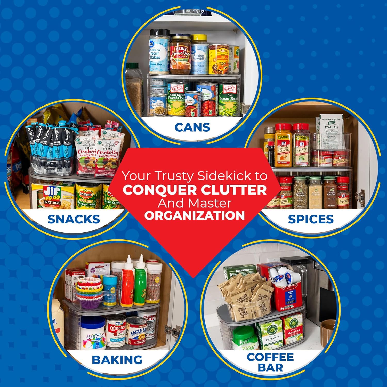 Kitchen Organizer for Canned Goods: 2-Tiered Robust Turntable Organizer for Cabinet/Pantry. Steel Reinforced Holds Up To 30 lbs. Rotates 360° for Maximum Visibility. Includes 4 Bonus Bins - Image 5