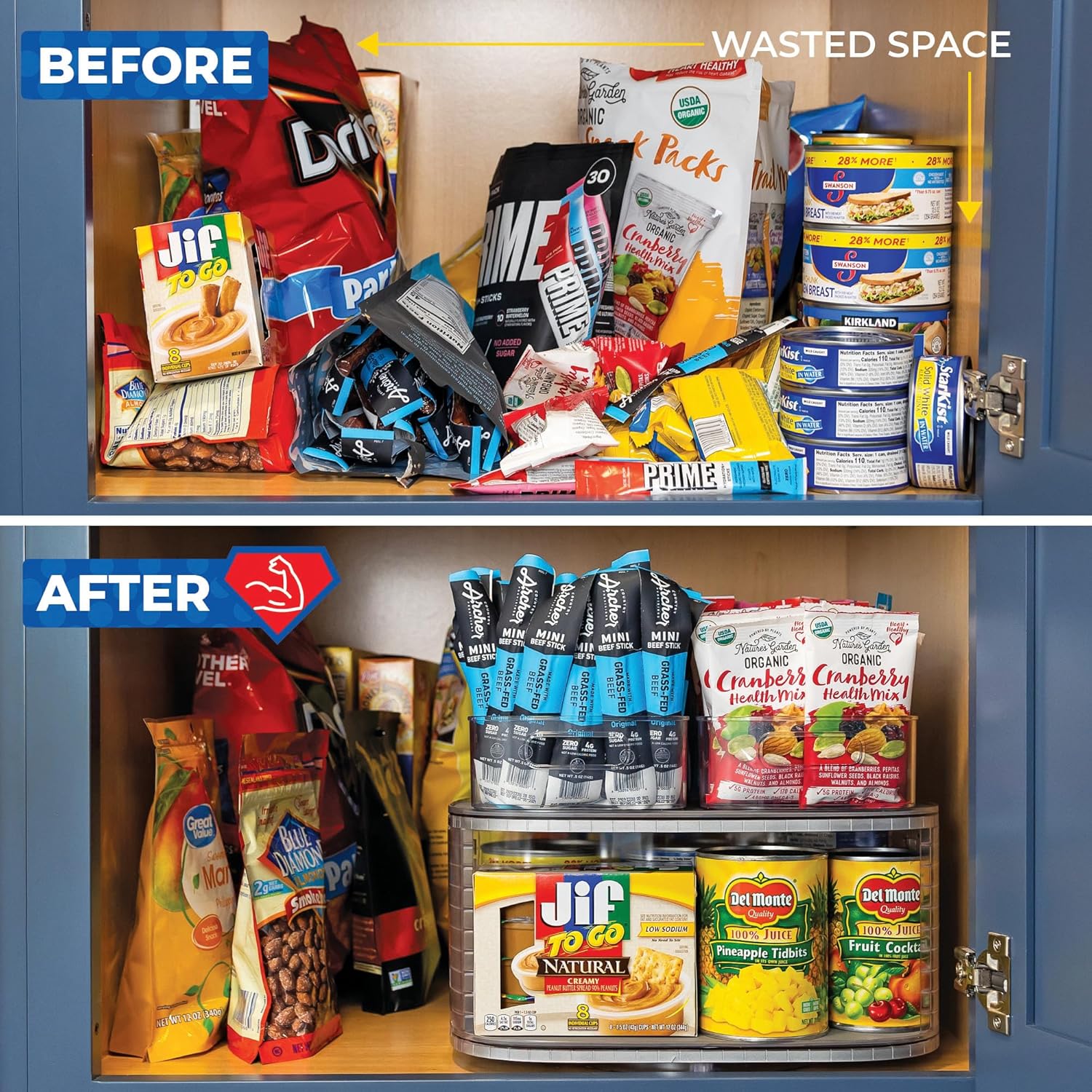 Kitchen Organizer for Canned Goods: 2-Tiered Robust Turntable Organizer for Cabinet/Pantry. Steel Reinforced Holds Up To 30 lbs. Rotates 360° for Maximum Visibility. Includes 4 Bonus Bins - Image 7