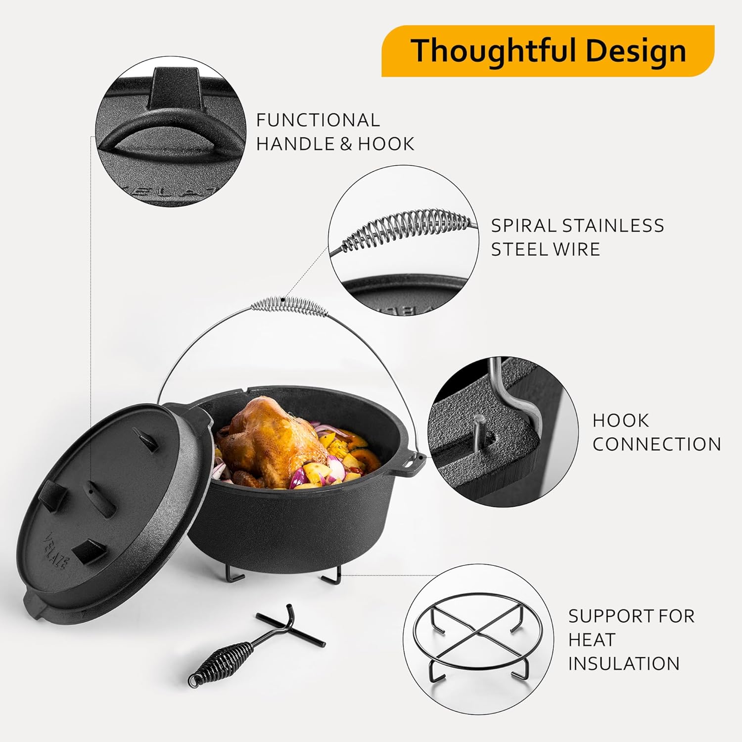 Velaze 10QT Camping Dutch Oven, Pre-Seasoned Cast Iron Camp Dutch Oven Pot with Lid, for Use in the Oven, on the Stove, Grill, or over the Campfire - Metal Handle, Lid Lifter, and Tripod - Image 5